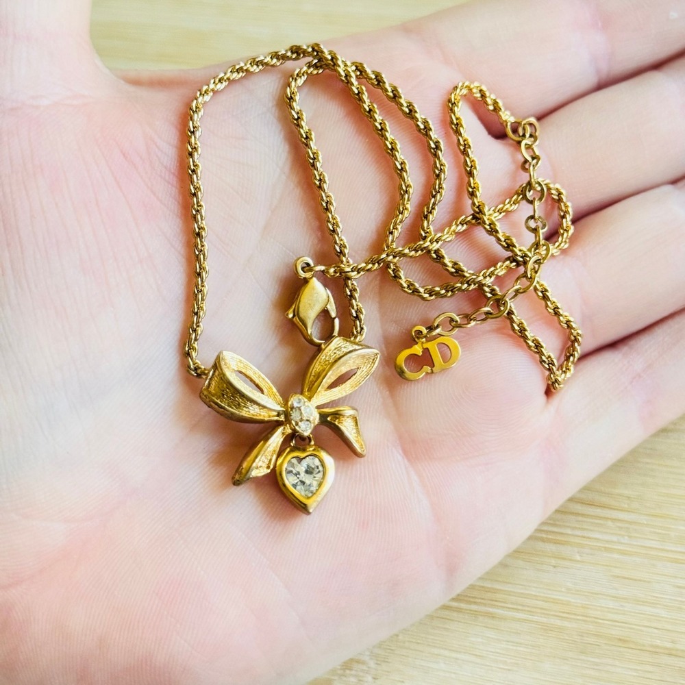 VTG Christian Dior Necklace Heart Bow Gold Plated Crystal Rhinestone Rope Chain
